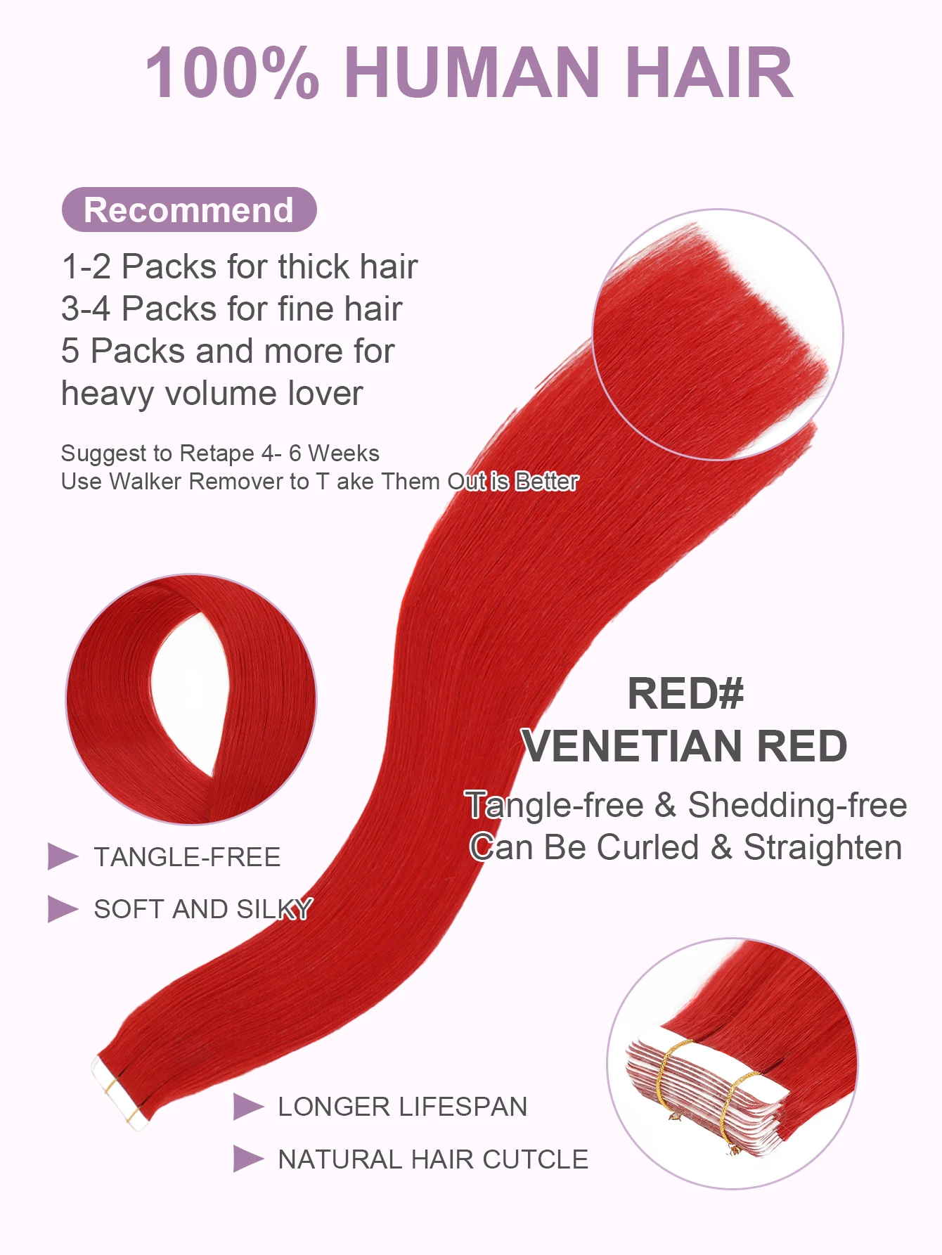 Red Color 20Pcs Tape-In Hair Extensions 100% Remy Human Hair Straight Highlight Color for Women Add Hair Length And Volume 50g