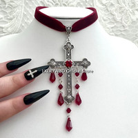 Large Cross Choker, Red Goth Choker, Gothic Cross, Goth Cross Velvet Choker, Red Velvet Choker with Cross, Velvet Cross Choker,