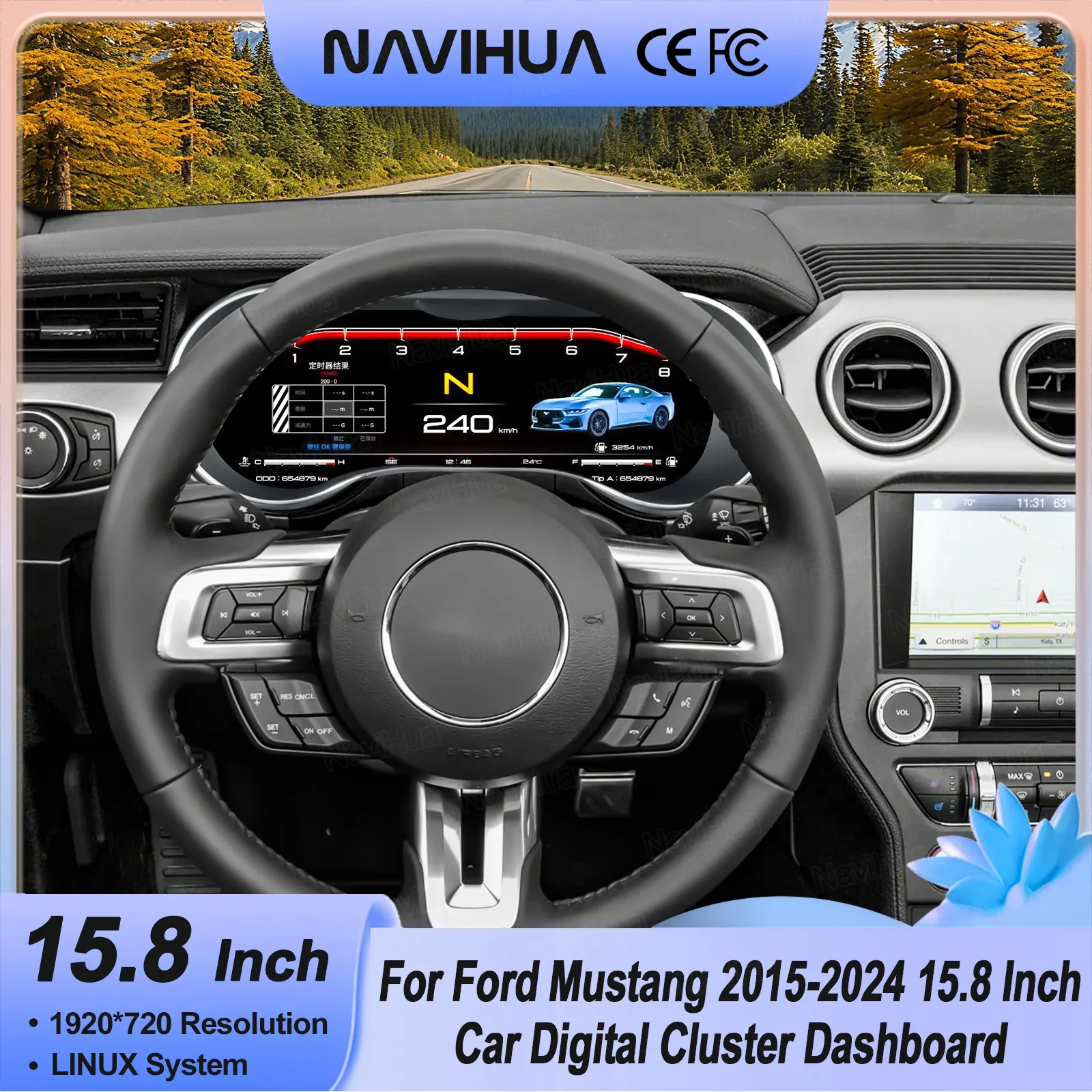 

Автомобильный спидометр Navihua с Linux-системой и виртуальной приборной панелью для Ford Mustang 2015-2024, ЖК-монитор для автомобиля
