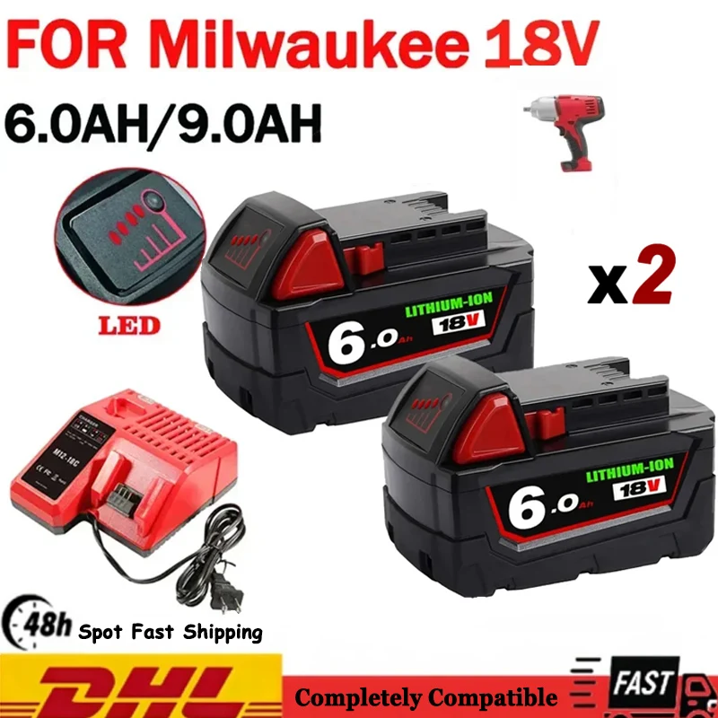 

For Milwaukee M18 Battery M18B6 XC 18V 9.0 Ah Li-Ion 48-11-1860 48-11-1852 Or Charger 48-11-1850 48-11-1840 Cordless Power Tools