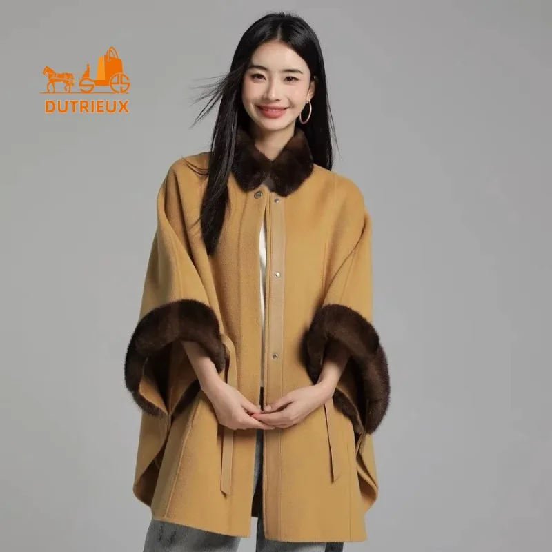 Winter New Woolen Coat Luxurious and Elegant Mid-length Double-sided Mink Cape 100wool Coat Sheepskin Belt Warm Jacket for Women