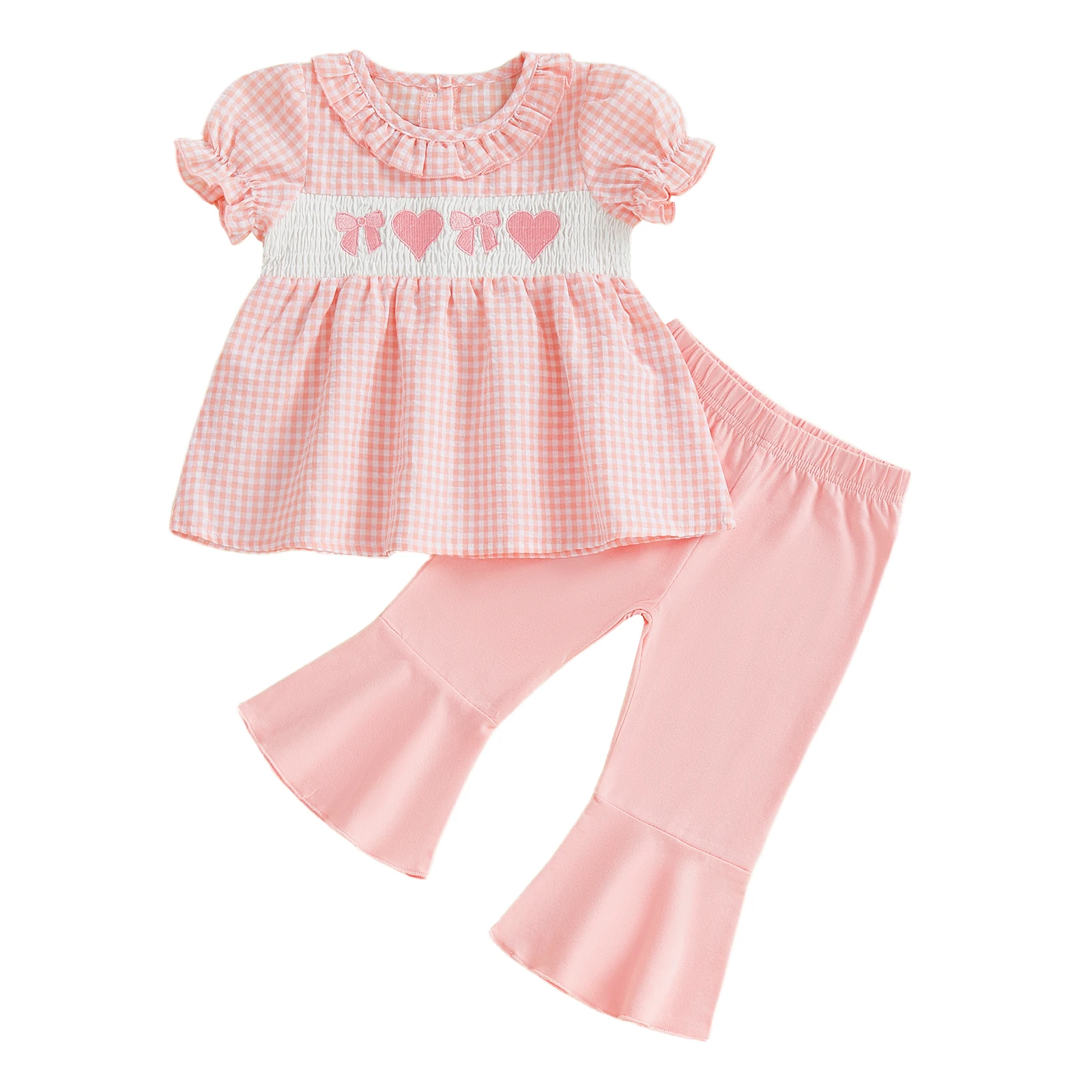 Adorable ensemble de saint-valentin pour petites filles, haut à manches volantées, imprimé cœur, taille élastique, pantalon évasé, 2 pièces