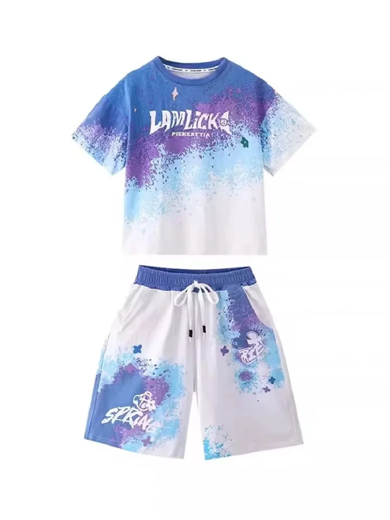 Summer Clothes Sets Boys Gradient T-shirts+Shorts 2 Pcs Big Kids Casual Short Sleeve Suits Children Print Outfits Tracksuit  345