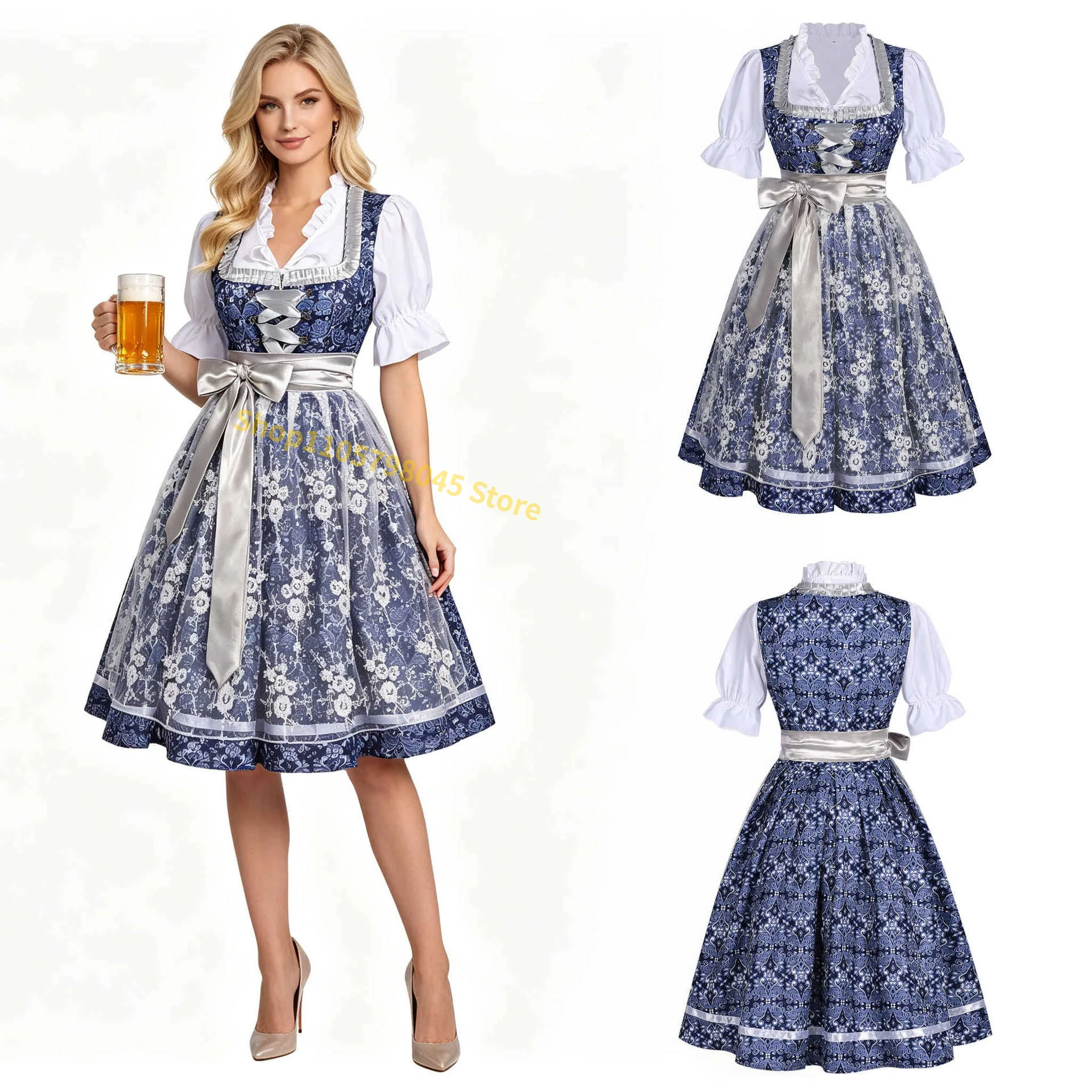 Ladies' Blue Floral Lace Dress Bavarian Traditional Dress, Munich Beer Festival Costume, Halloween Party Dress up Outfit