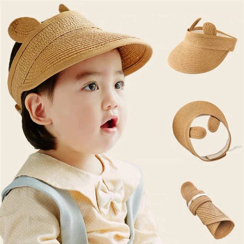 

Toddler Summer Sunscreen Hat Breathable Adjustable Straw Visor Cap Cute Cartoon Rabbit Ear Empty Top Hat Beach Outdoor Cap