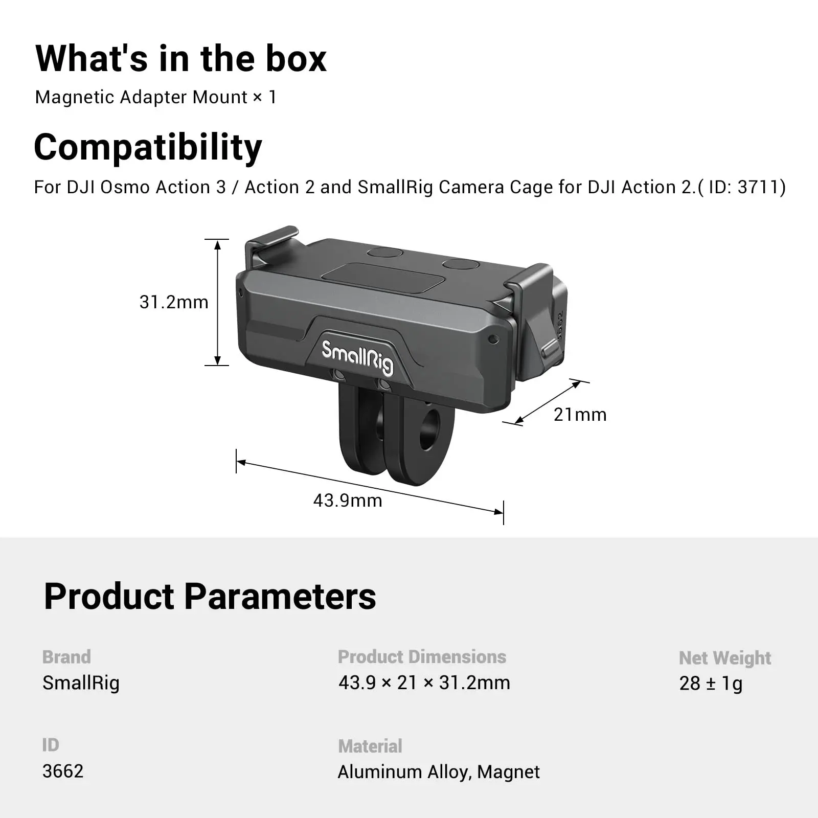 SmallRig magnetische adapterhouder voor DJI Osmo Action 4/3/2 w adapteraansluiting en 1/4” schroefdraad voor statiefvloggen YouTube 3662