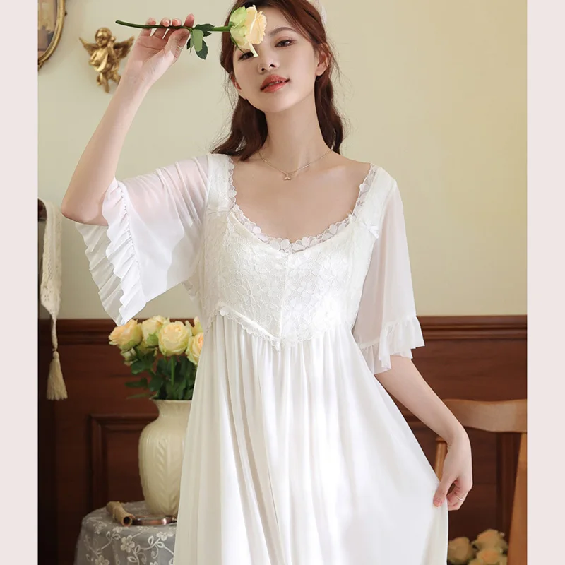 

Женская летняя ночная сорочка с коротким рукавом из сетки, кружевная, приталенная, с вышивкой, французская, в стиле феи, с подушечками для груди, для дома