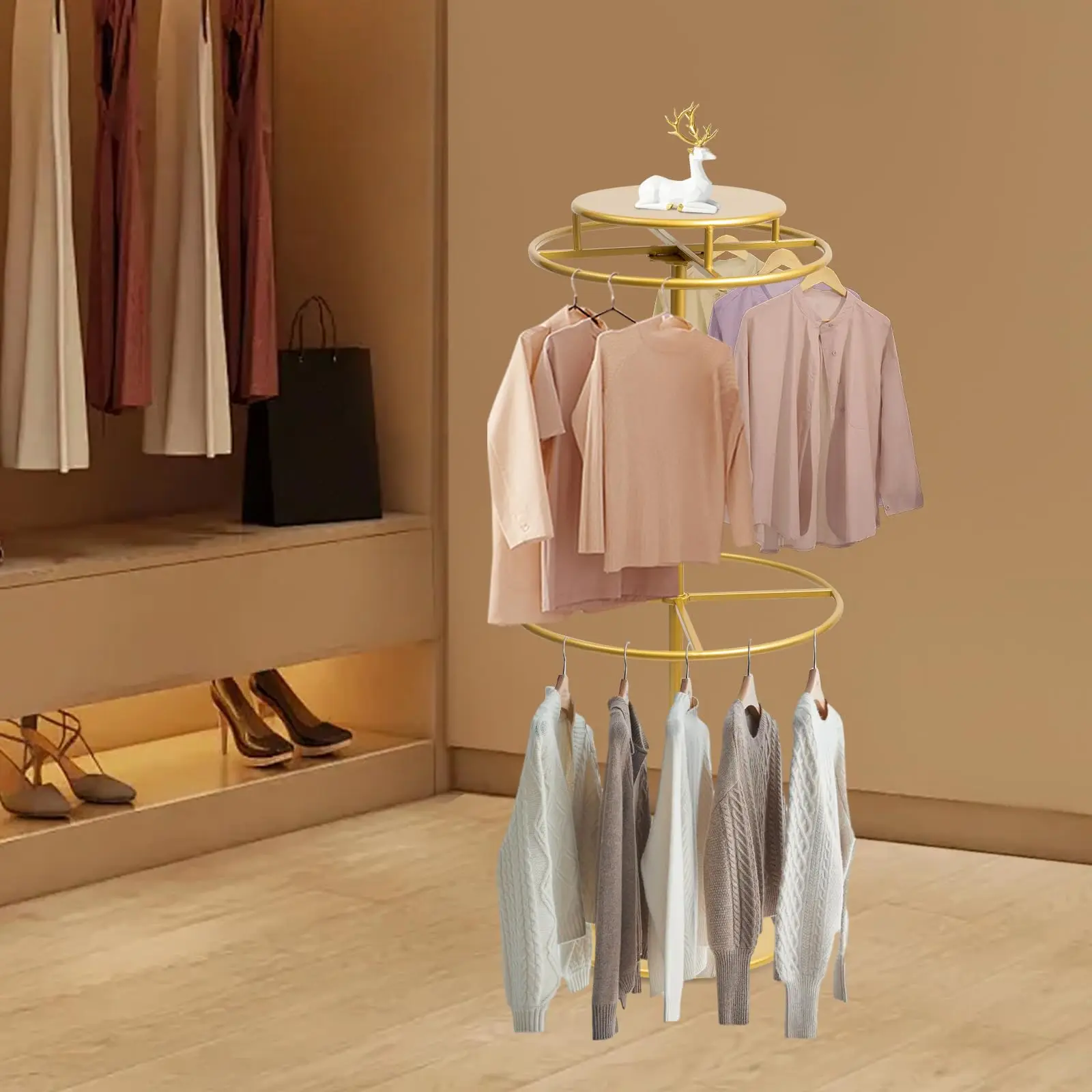 Appendiabiti rotondo ruotabile da 55 pollici di altezza, appendiabiti rotondo al dettaglio a 2 livelli con carico di 50 libbre, Ra circolare in metallo da terra