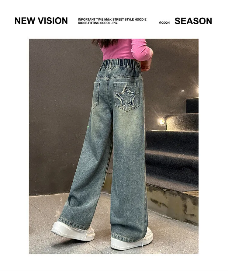 5-14 Jahre Frühling Herbst Mädchen-Jeans, modische Retro- und Vintage-Hose mit fünfzackigem Sternmuster und Stickerei, weit geschnittene Hose für Teenager-Mädchen – Detail 15