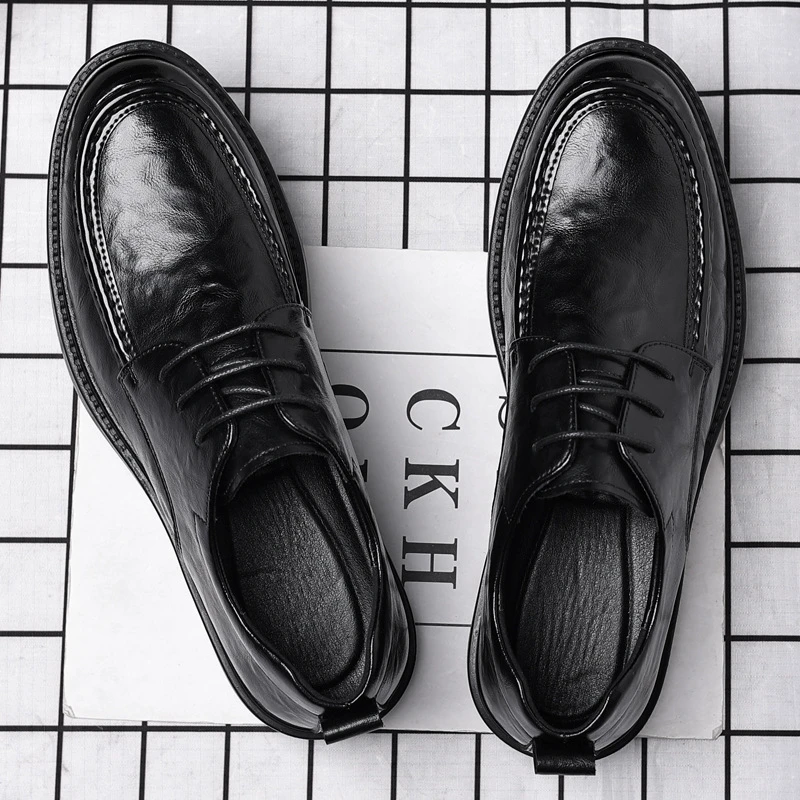 Black Genuine Leather Textured Slip On Formal Business Office Groom Wedding Daily Wear Shoes Fashion Simple Increase Height