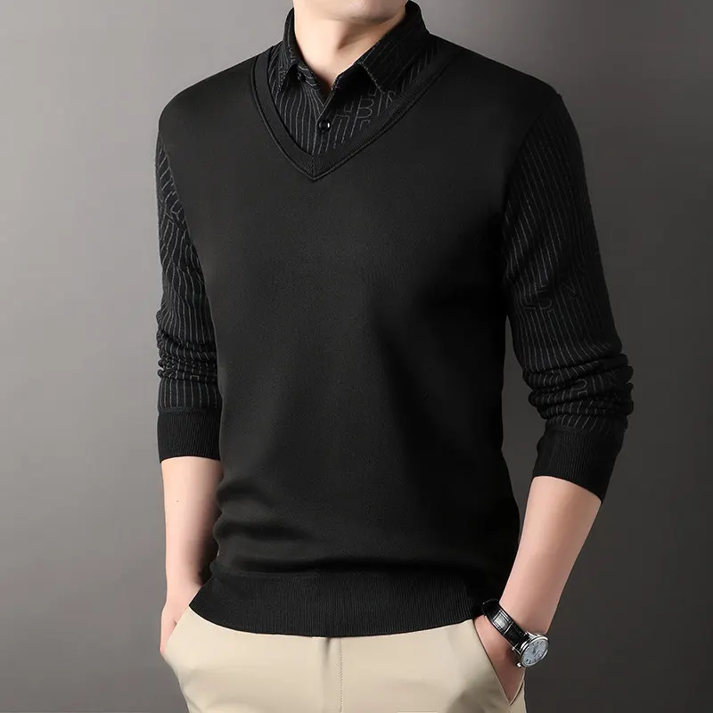 Winter Men's Plush Pullover Polo Neck Sweaters Fake 2 Piece Fashion Business Causal Knit Sweater Mens Clothing