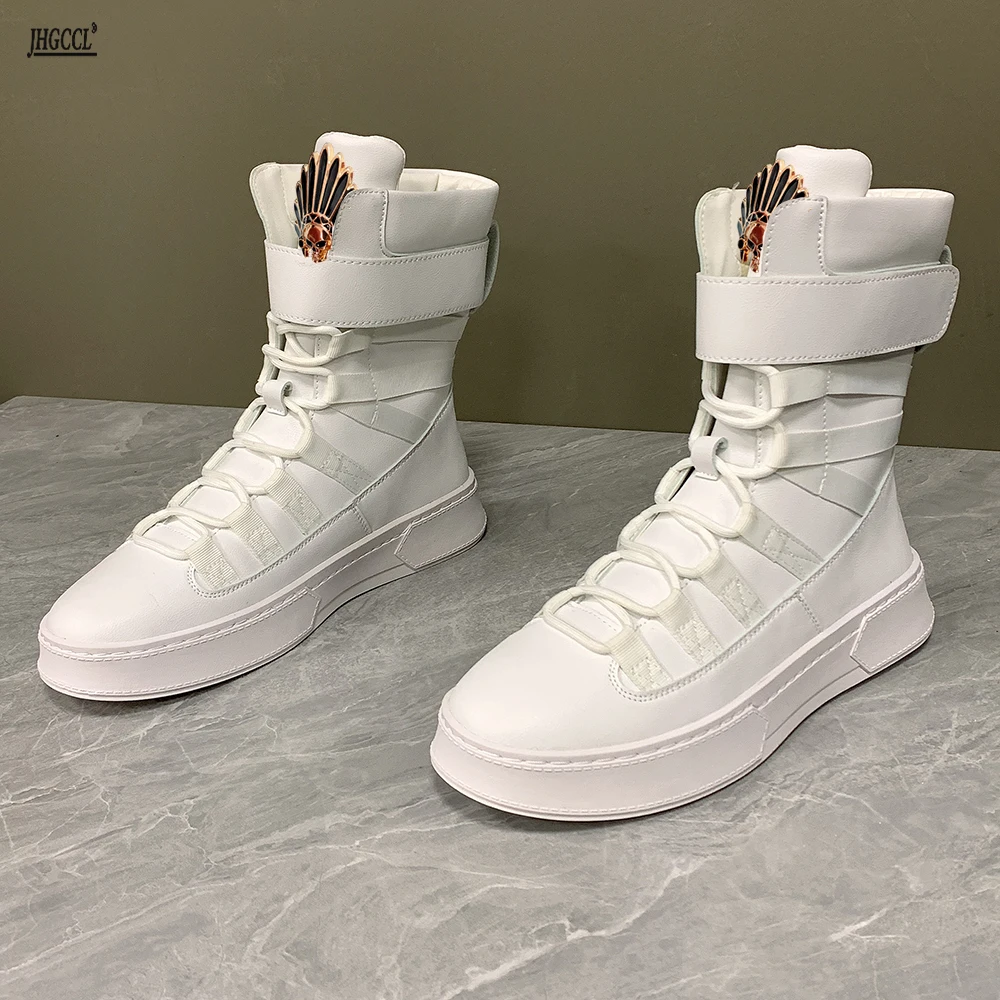 

New high-top shoes for men with mid-length board shoes casual leather boots white riding boots zapatillas hombre A6