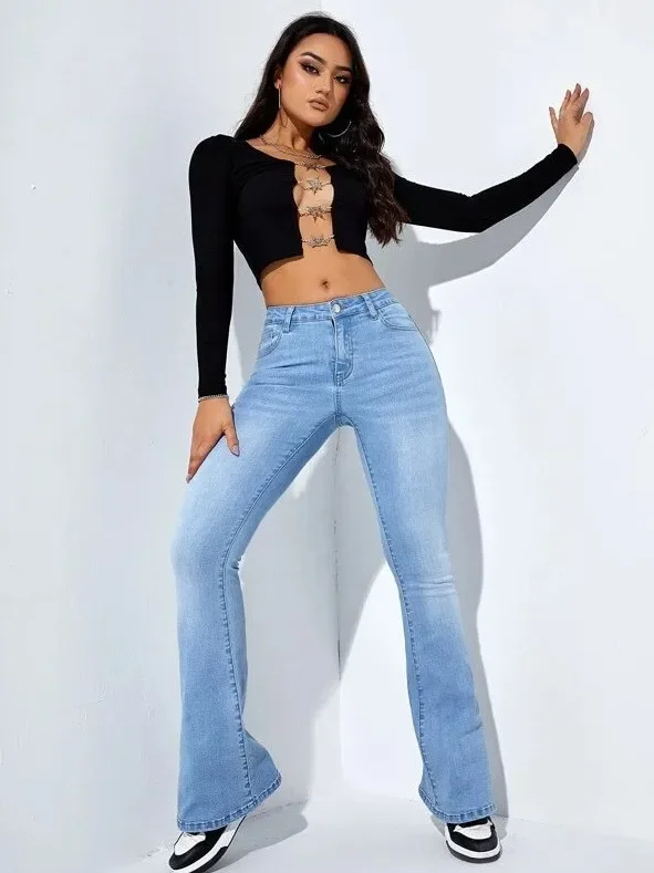 Calça jeans comprida feminina, calça casual, envoltório reto do quadril, bainha abotoada, ajuste fino, cintura média, bolso de botão, sexy