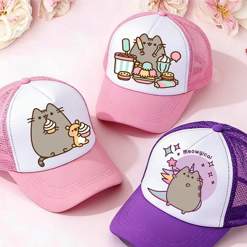 

Cute Pusheens Baseball Cap Popular Cartoon Kids Adult Casual Peaked Mesh Hats Girl Anime Kawai Sports Travel Sunshade Adjustable