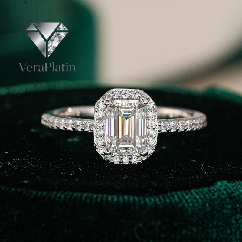 

VeraPlatin Women Wedding Bands 18K White Gold Girl Birthday Gift 1CT VVS D Color Emerald Moissanite Diamond Wife PT950 Valentine