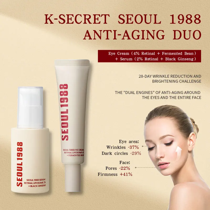 

Korean SEOUL 1988 Skin Care Set - Retinol Eye Cream, Ginseng Niacinamide Serum, Cleanser, Lightens Fine Lines Dark Circle