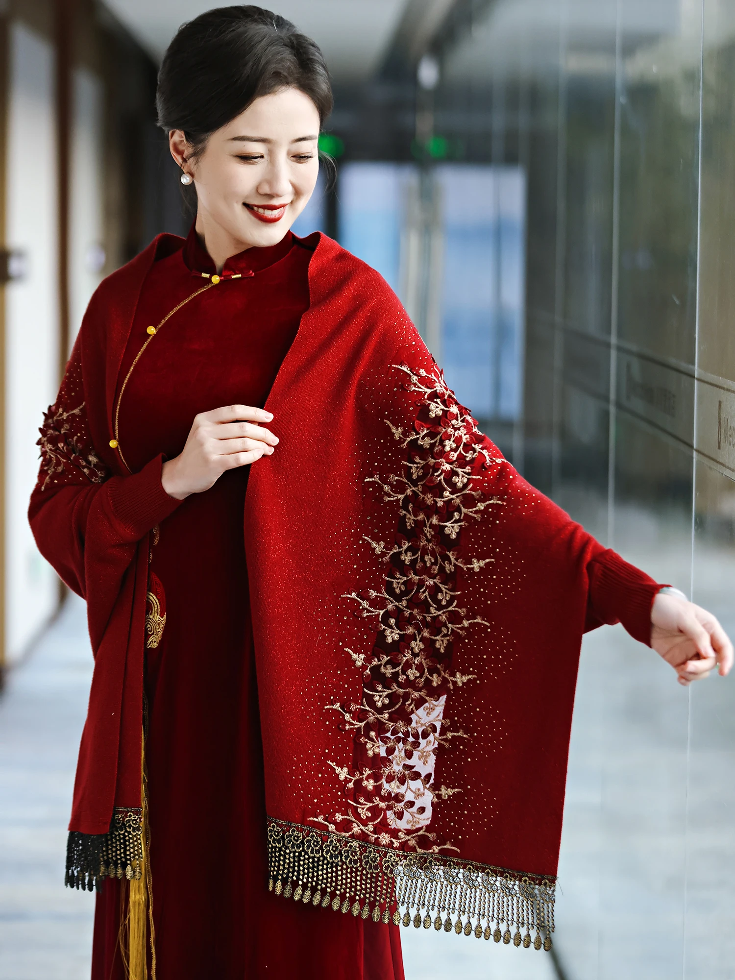 

Red awl Coat Ele Wedding Guest Outerwear Faionable High-End Matron of Mommy Outer Jaet