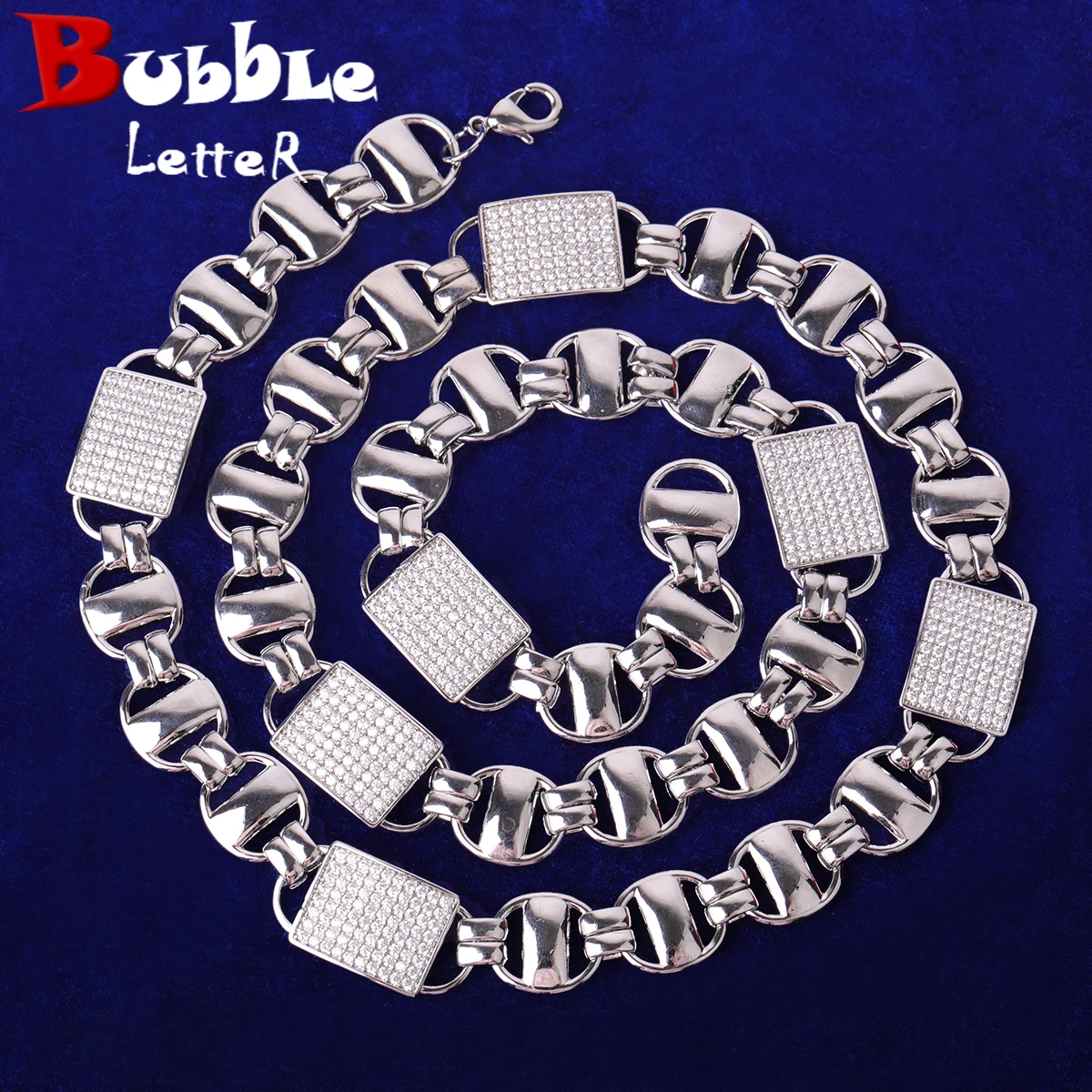 Bubble Letter Coffee Bean Box Clustered Cuban Chain Necklace Men Hip Hop Link Gold Color Iced Out Zirconia Fashion Rock Jewelry