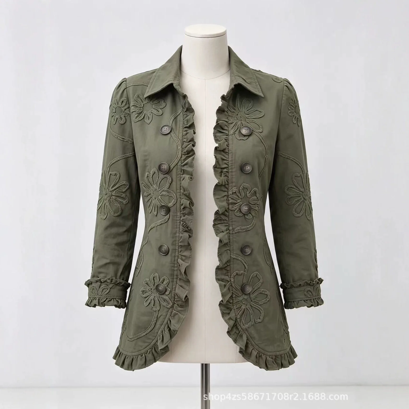 Spring Autumn New Women's Shirt Lapel Collar Long Sleeve Ruffled Trim Button Decor Cardigan  casual Printed Shirt Thin