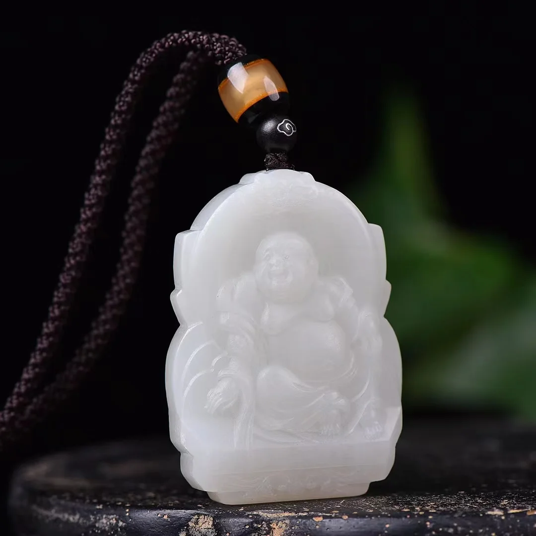 

New Style Hetian Jade Qinghai Material Mutton Fat White Jade Pendant Happy Maitreya Buddha Ornament 1266#