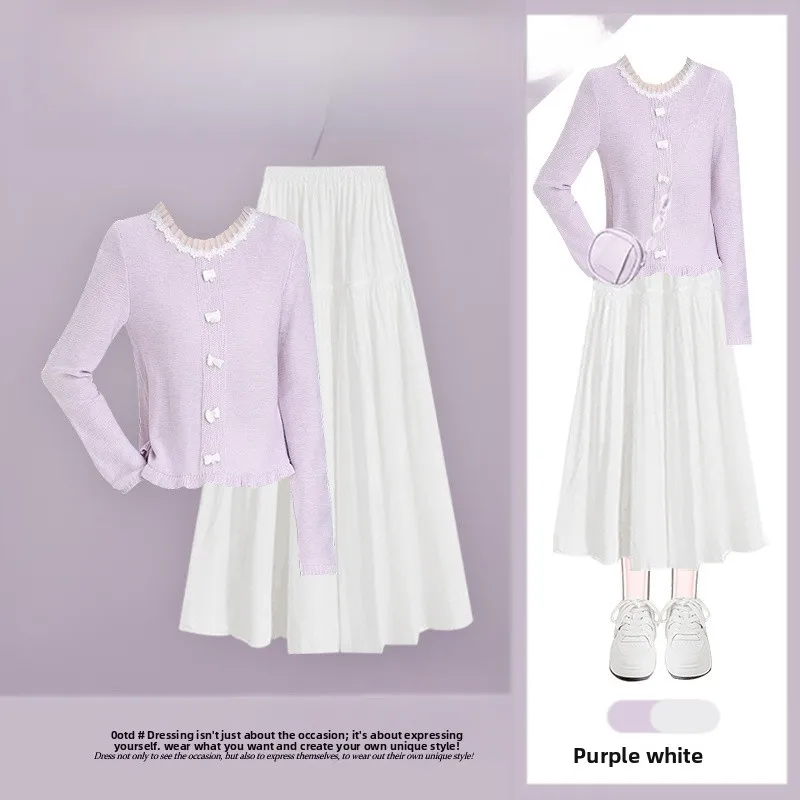 

2026 New Design Purple Bow Knot round Ne Knitted Top High Waist Slimming f Skirt Two Piece Set Women's Faion Ensemble