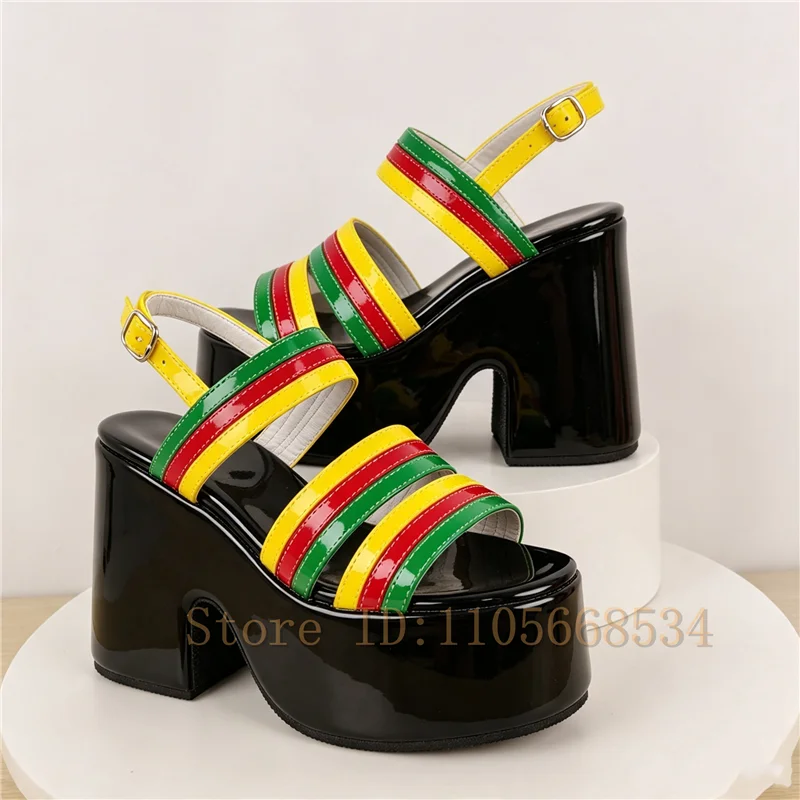 Fashion Design Multicolor Striped Straps Women Platform Sandals Open Toe Ankle Strap Thick Sole Shoes for Music Festival Party
