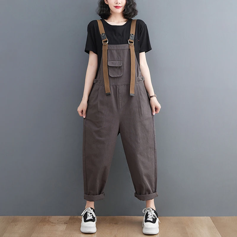 Moda streetwear macacões femininos 2023 primavera solto perna larga calças de carga largas tiras denim macacão marrom preto dungarees