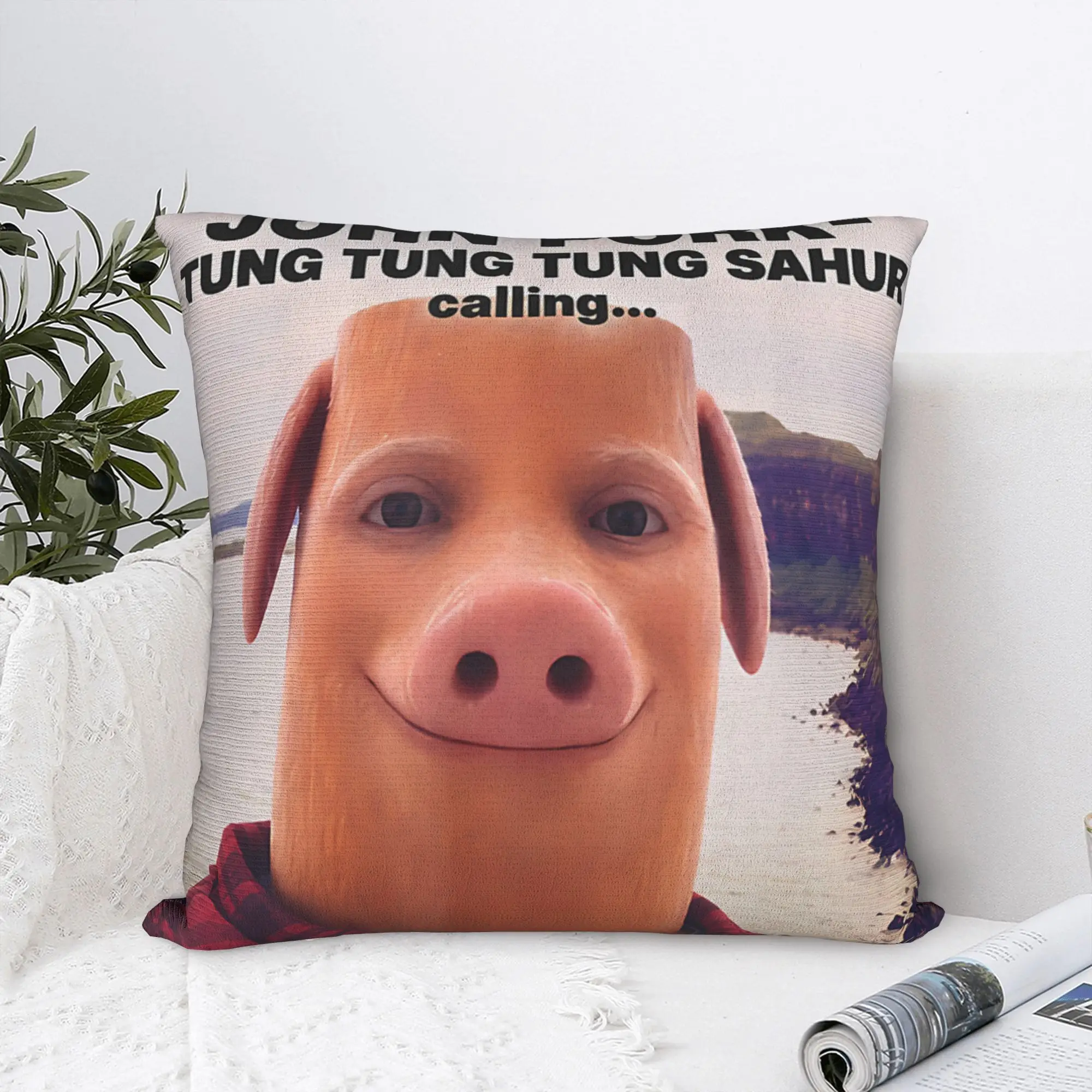 Tung Tung Tung Sahur John Pork is Calling Brainrot Pillow Case  Kawaii Pillow Cover Square Pillowcases For Sofa Car Home Decor