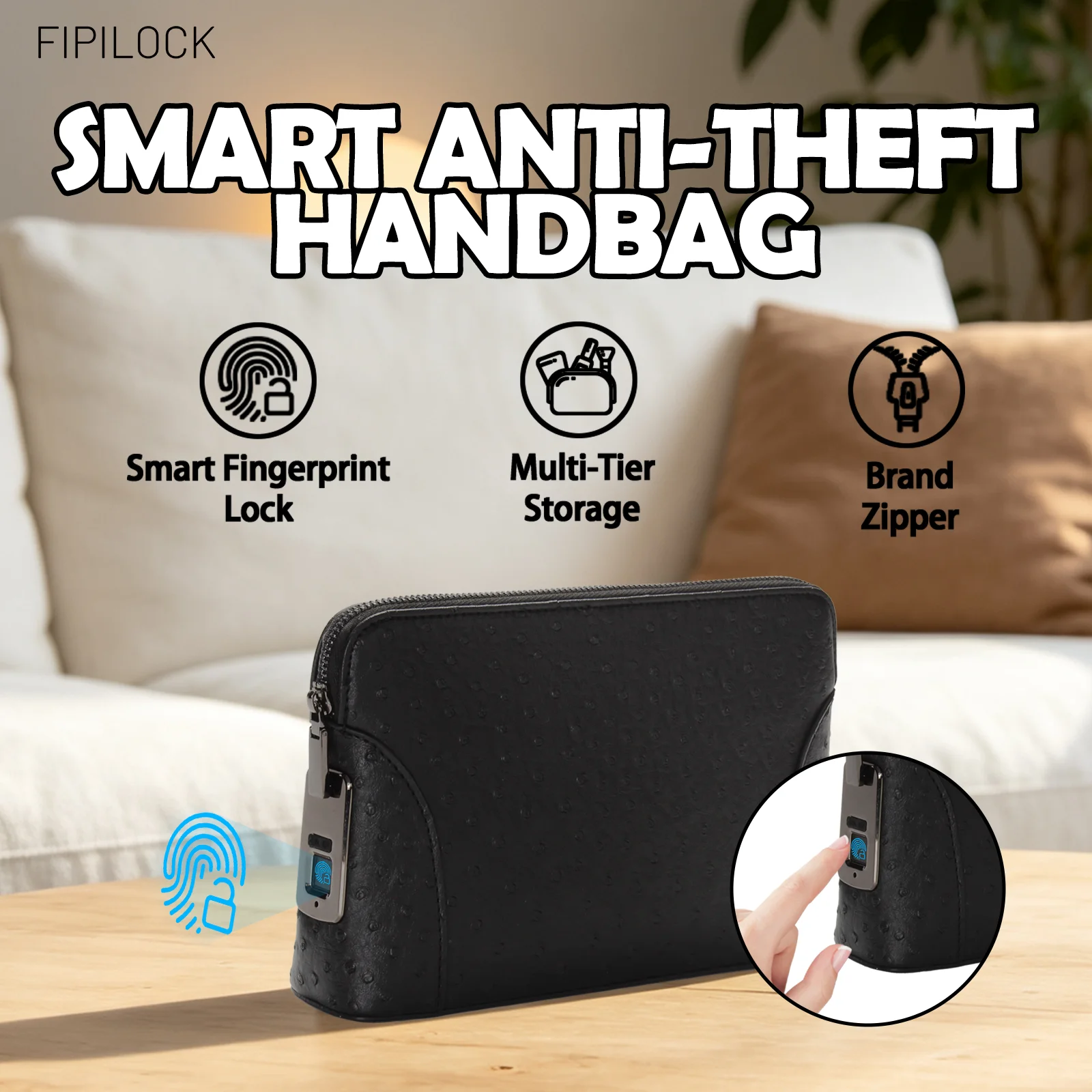FIPILOCK Clutch Purses Bags Woman for Men Handbags with Smart Fingerprint Unlock Credit Card Holder Mobile Phone Wristlet Bag
