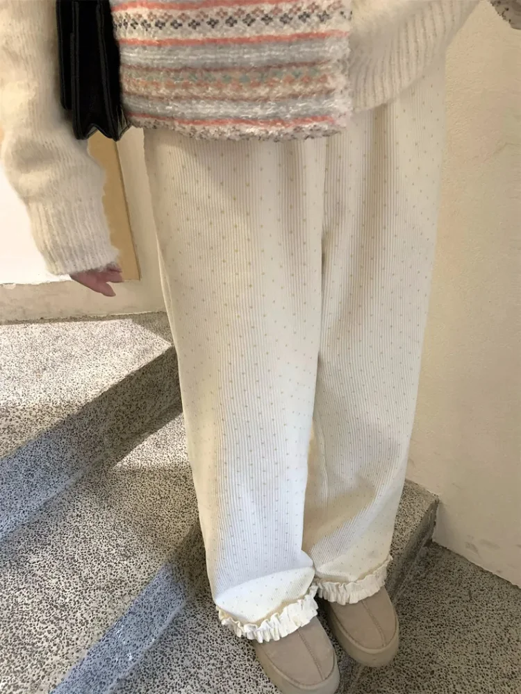 Japanse Leuke Polka Dot Gedrukt Corduroy Broek Vrouwen 2025, Nieuwe Schimmel Rechte Veelzijdige Broek Y2k Streetwear