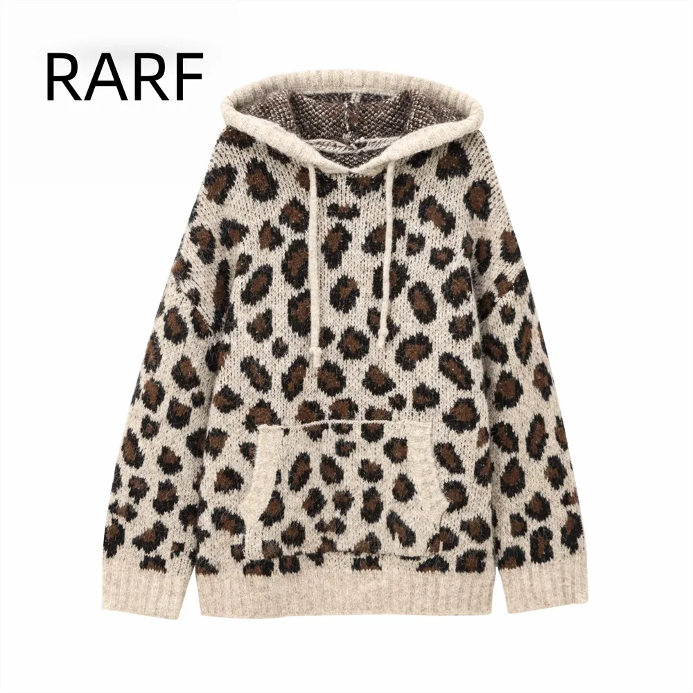 Autumn and Winter New Products Casual Loose Leopard Pattern Jacquard Hoodie Sweater Knitted Sweater Sweater Sweater