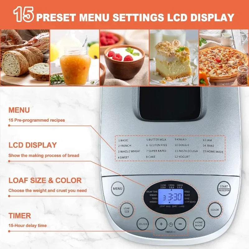 Bread Maker Machine 15-in-1 Automatic Bread Machine with Dual Kneading Paddles Breadmaker with Touch Panel&LCD Display