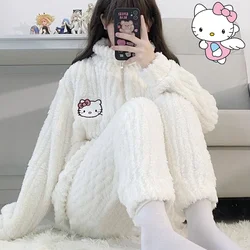 Anime Hello Kitty 2Pcs Plush Thicken Pajama Set Sanrioed Kawaii Kuromi Cartoon Warm Zipper Home Clothes Student Girl Cute Sweet