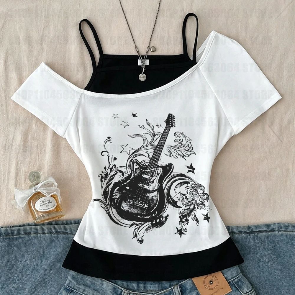 Y2k Slim Fit Print Tops Women Off Shoulder Short Sleeve Tee Shirt Neploe American Vintage Fake Two Piece Halter Lace Up T-shirts