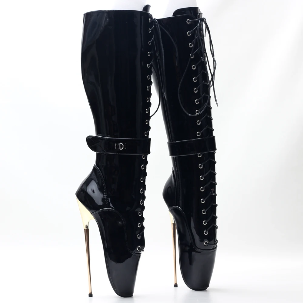 JIALUOWEI 20CM High Heel Extreme Fetish Goth Ballet Laceup Black Pvc Boots