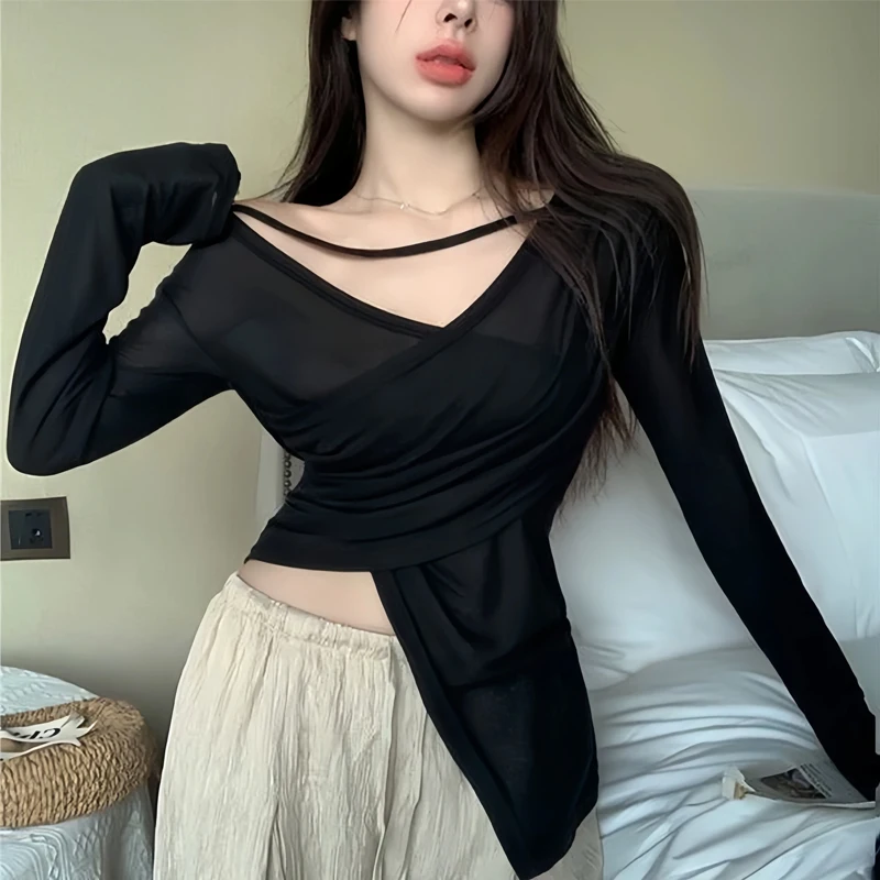 Summer New Thin Hollow Out Irregular T Shirts Long Sleeve Solid Color Pleated Sexy Tops Tees Fashion Trend Women Clothing S-XL