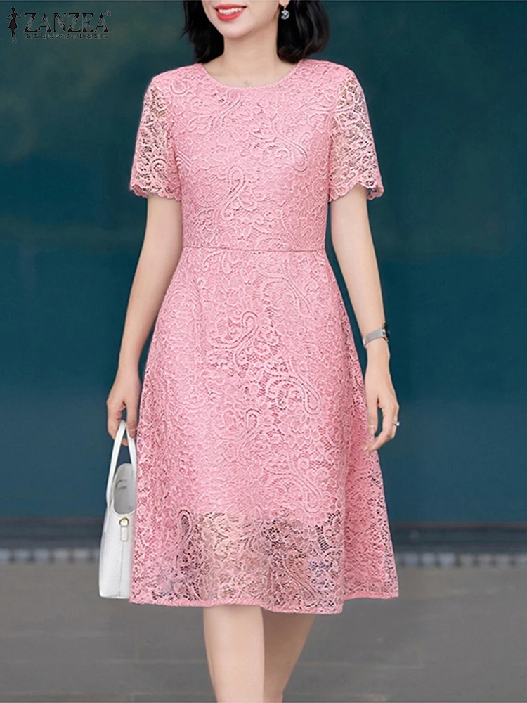 ZANZEA 2023 Sommer Frauen Lange Sommerkleid Kurzarm Spitze Patchwork Kleider Oansatz Lässig Elegante Mode Taille Midi Vestidos