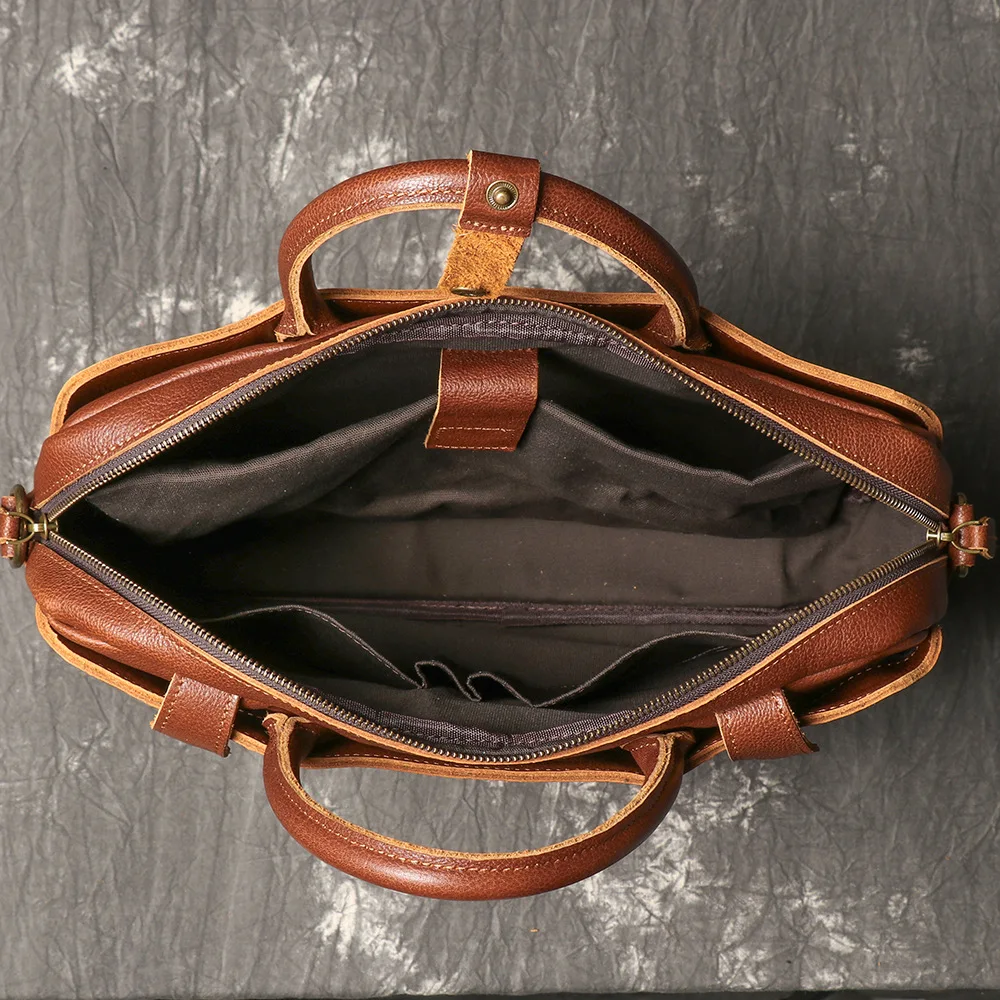 حقيبة كلاسيكية للرجال من الجلد المدبوغ بالخضراوات، حقيبة كمبيوتر محمول ذات سعة كبيرة للأعمال والتنقل #6