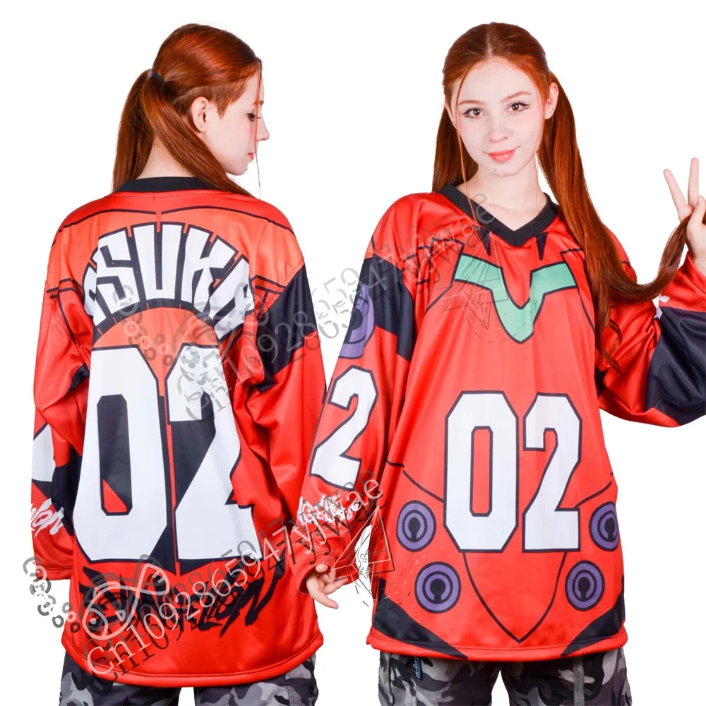 Japanese Sci Fi Anime 3d Mecha Graphic Hockey Jersey A-Asuka Sports Shirt V-Neck Long Sleeved T-Shirt Autumn Women Men T-Shirt
