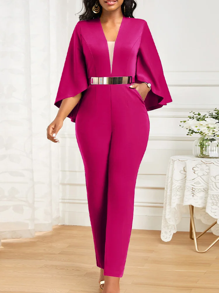 Solid Batwing Sleeve Deep V Neck Jumpsuits for Women