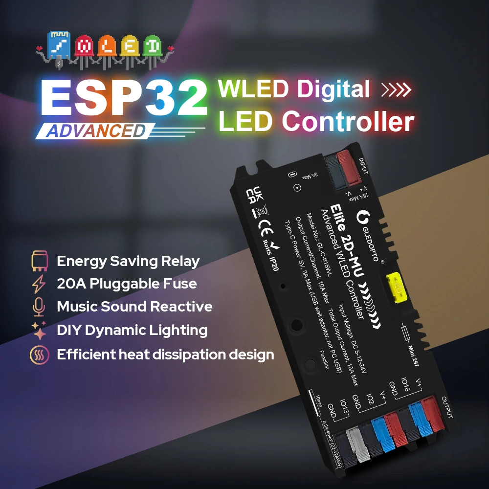 ESP32 WLED LED Strip Controller Dynamic Mic Sound Reactive 20A for WS2811 WS2812 SK6812 WS2813 WS2815 Addressable RGB IC Strip