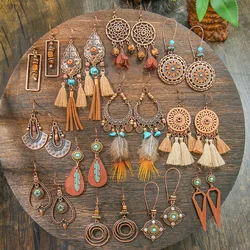 Boho Handmade Geometric Pendant Earrings for Women Stone Wooden Tassel Round Flower Dreamcatcher Earrings Fashion Jewelry
