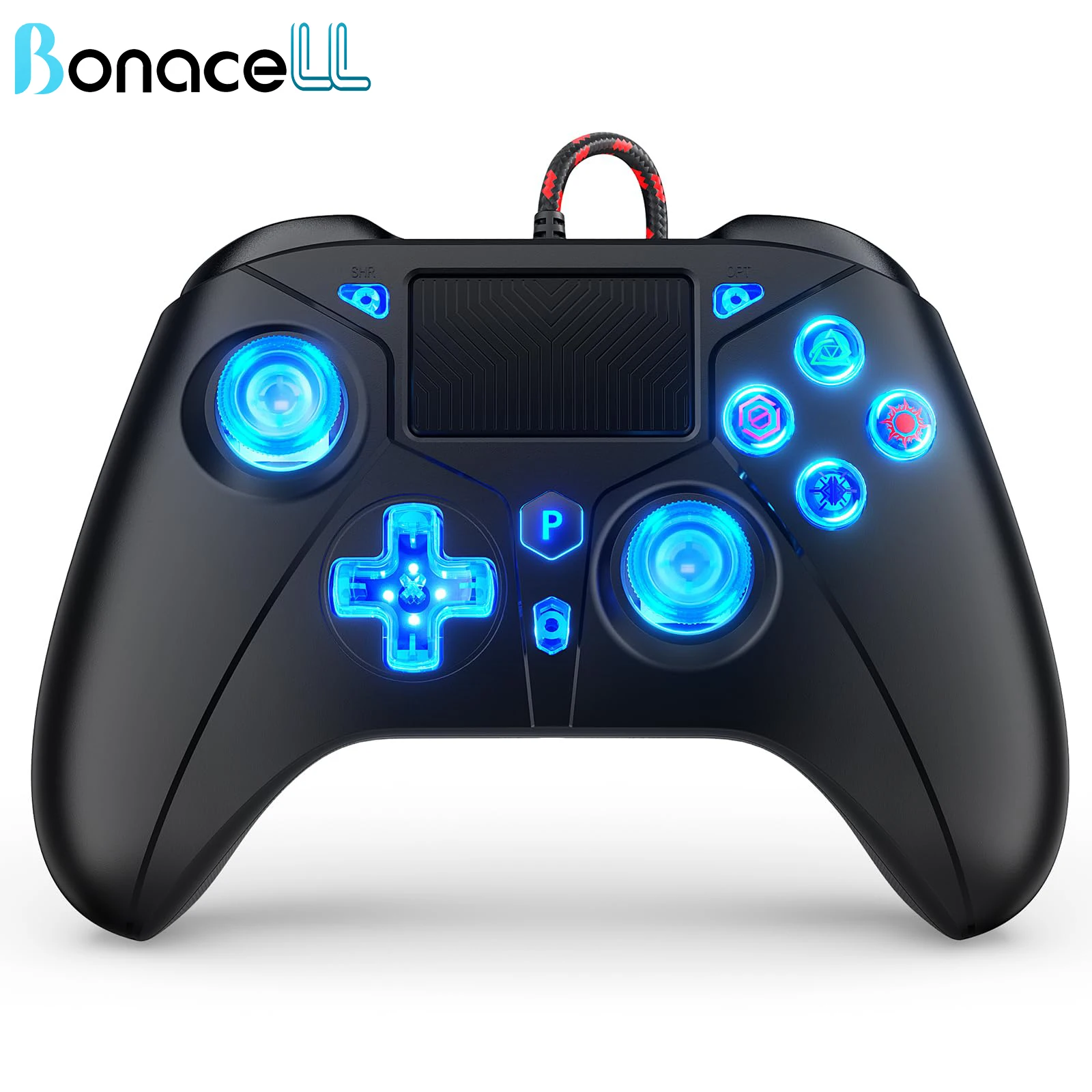 وحدة تحكم P5 RGB لوحدة التحكم PS5/4/PC 2M لوحة ألعاب سلكية طويلة جدًا مع اهتزاز توربو مزدوج لا تأخير توصيل فوري للتحكم في الألعاب