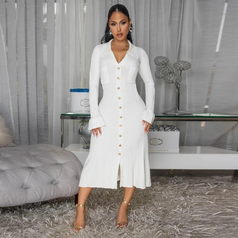 

2025 Autumn Winter Solid Single Breasted Slim Elegant Maxi Dress Women V Neck Full Sleeve Buttons Versatile Dresses Streetwear