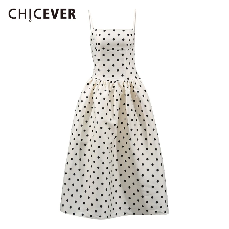 

CHICEVER Hit Color Dot Printing Elegant Dresses for Women Square Collar Sleeveless High Waist Slimming Evening Prom Dress Female
