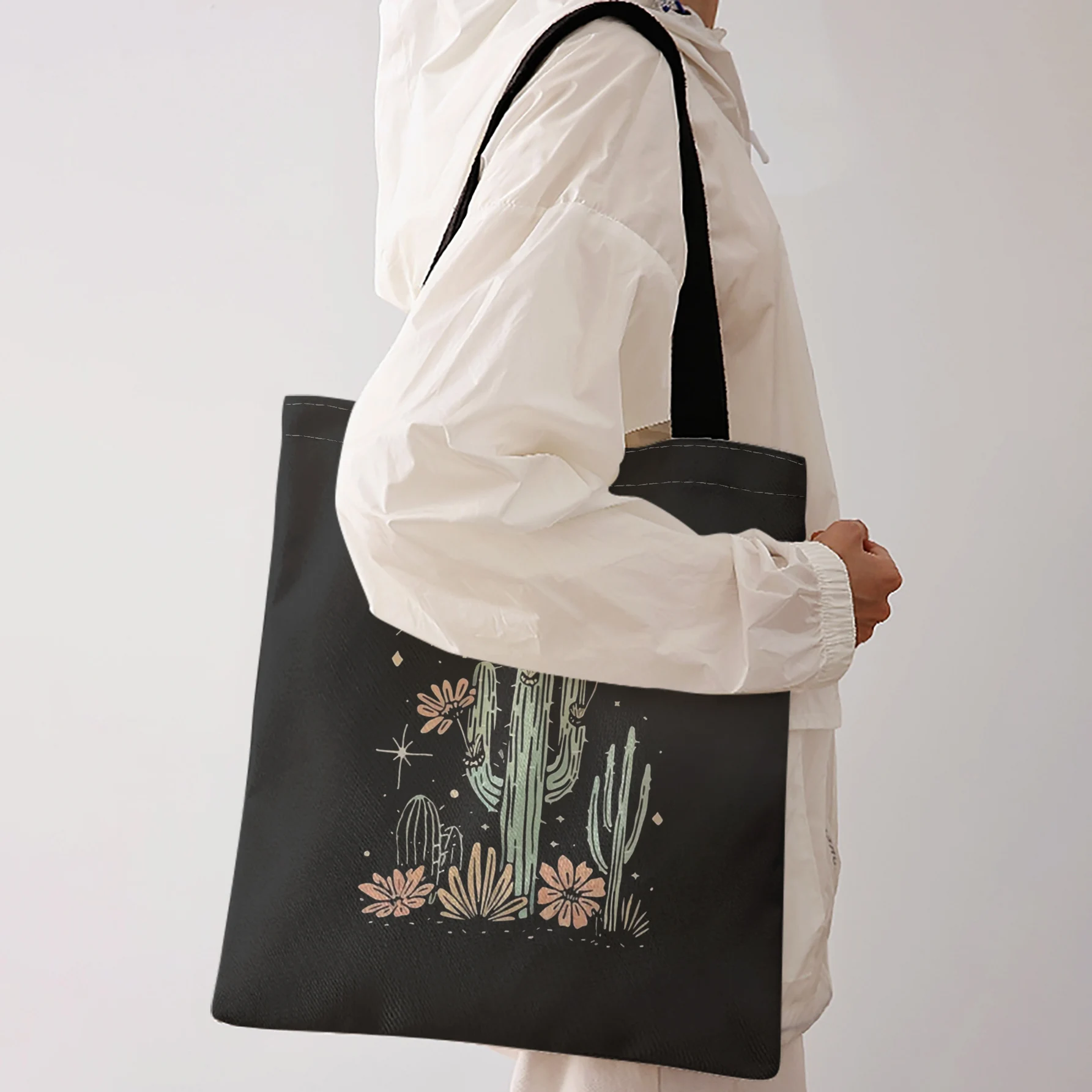Cactus Floral Print Tote Bag Large Capacity Shoulder Bag For Shopping Travel Daily Use