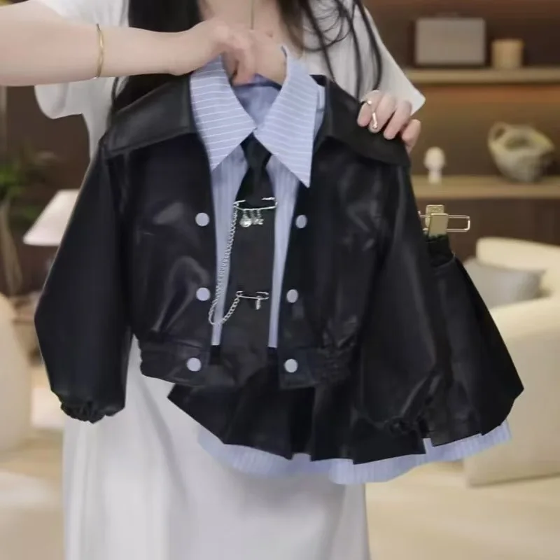 

Girls' Autumn and Winter Leather Jacket Set2025New children's casual leather jacket and pleated skirt stylish two-piece set