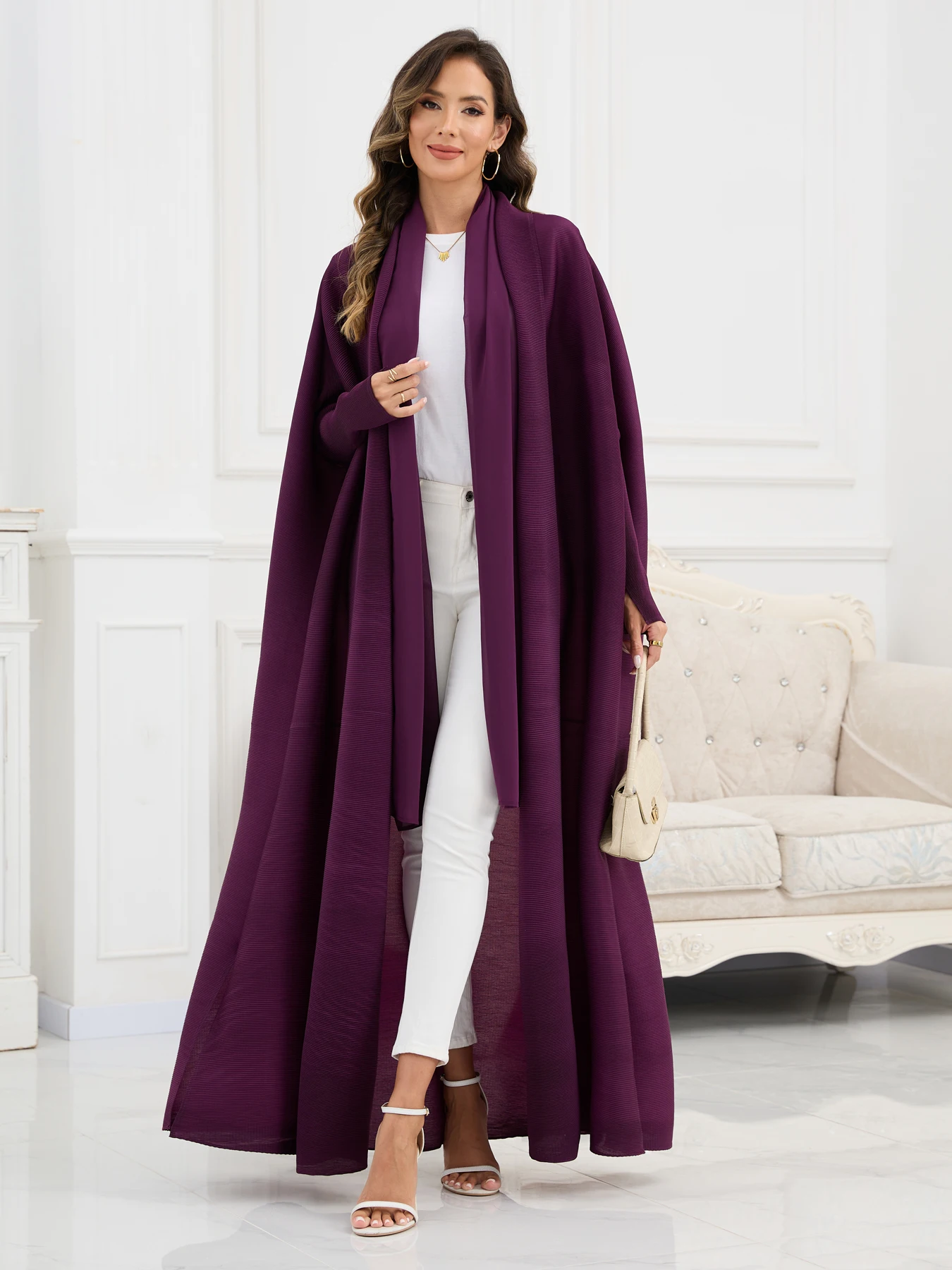 

Eid Purple Abaya Dubai Luxury For Women Middle Eastern Formal Robe Miyake Pleated Long Sleeve Coat With Female Prom Ball Gowns