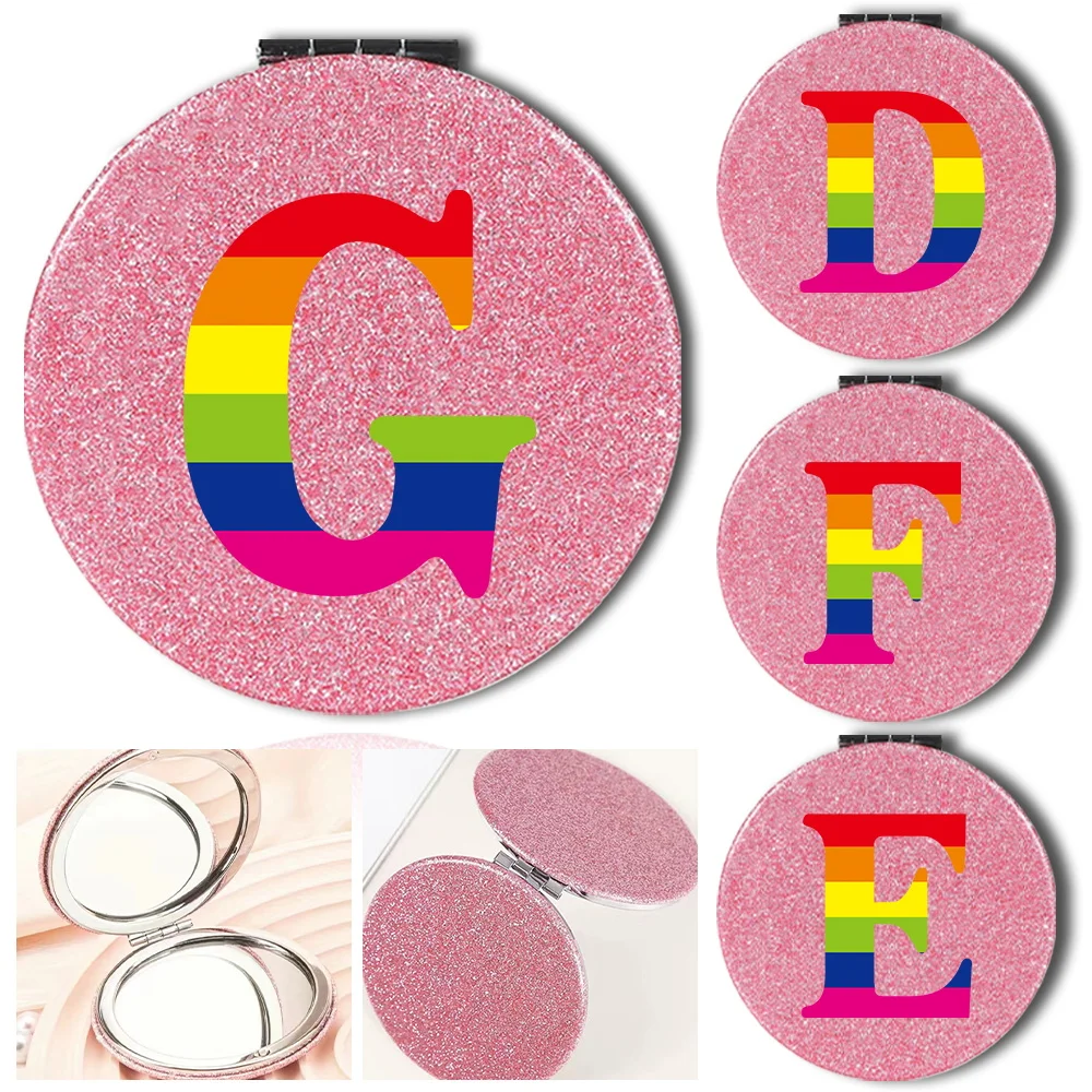 

Pocket Double-Sided Leather Makeup Mirror Portable Shiny Round Cosmetic Mirror Magnify Rainbow Letter Pattern Travel Beauty Tool