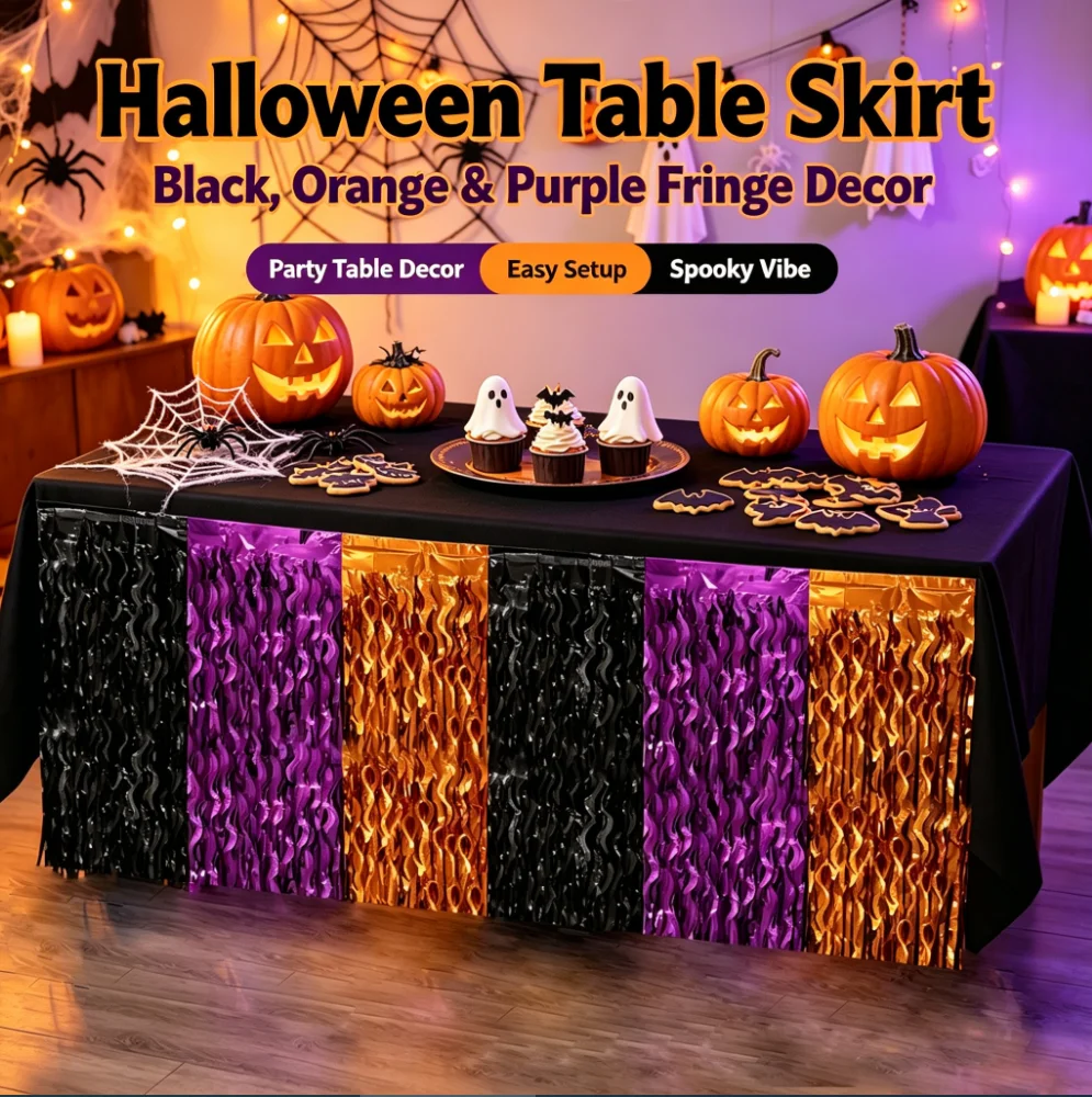 Halloween Curved Knife Table Skirt 75x275cm Ghost Festival Themed Party Decoration Black Orange Purple with Tassel Edge